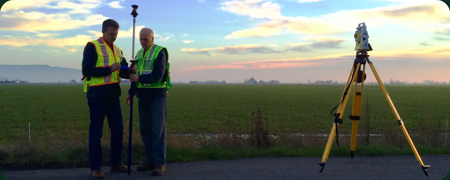 Two surveyors working in a field at sunset with a total station on a tripod